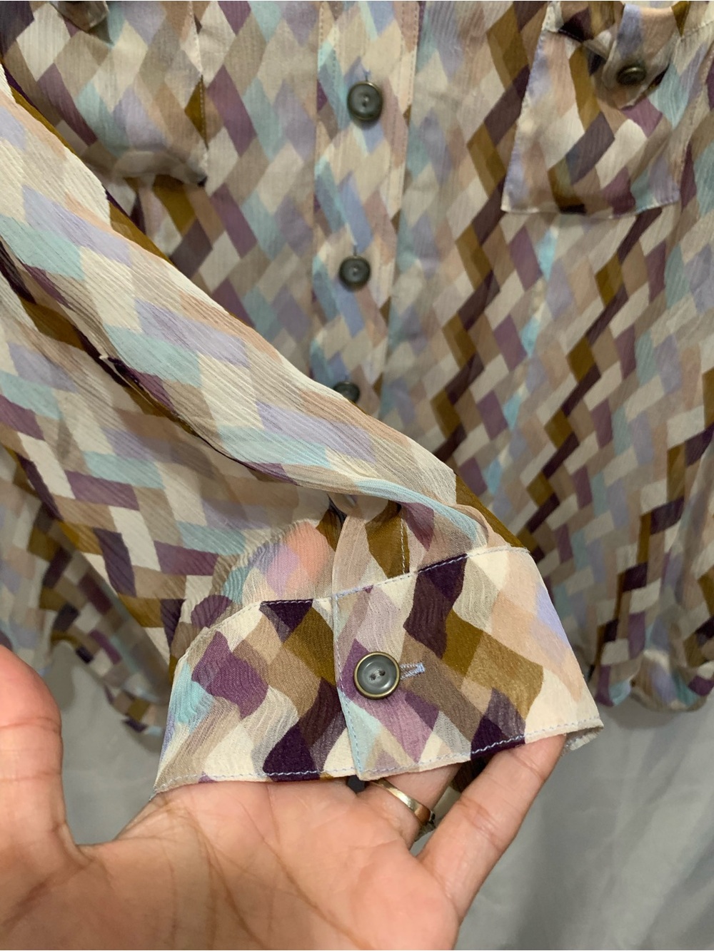 Diane von Furstenberg Sheer Silk Geometrical Zig Zag Button Down - Picture 7 of 9